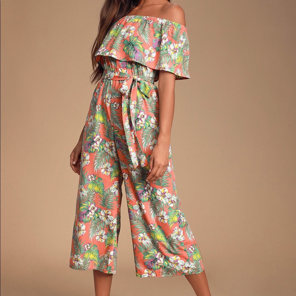 Lulus Raquell Coral Tropical Off Shoulder Jumpsuit